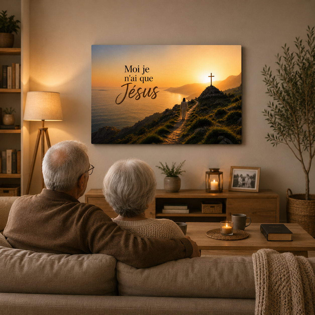 Couple regardant le tableau jesus horizontal de signature chrétienne