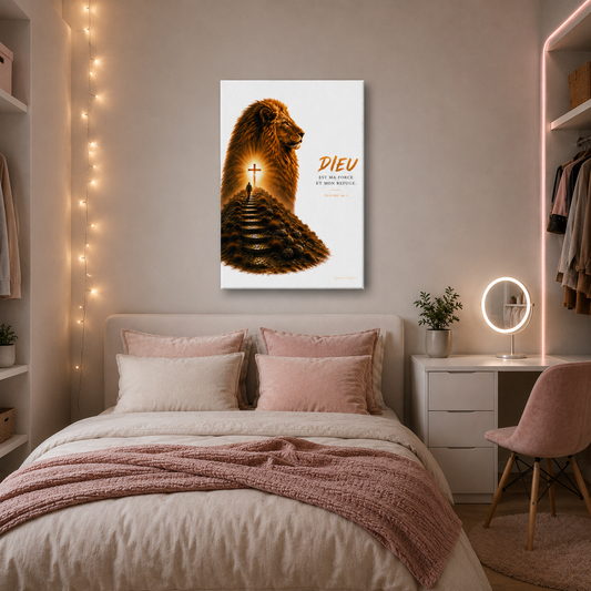 Tableau lion dans une chambre chrétienne avec verset biblique inspirant