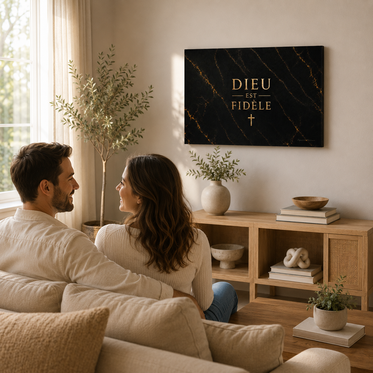 Couple admirant un tableau marbre dans son intérieur