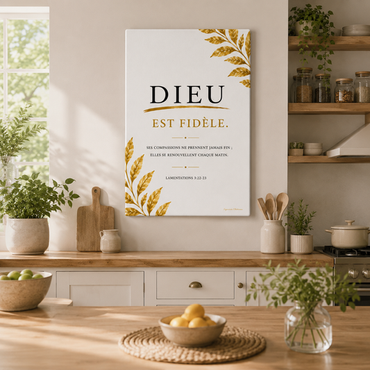 Tableau vertical verset biblique dieu est fidèle dans un cuisine lumineuse