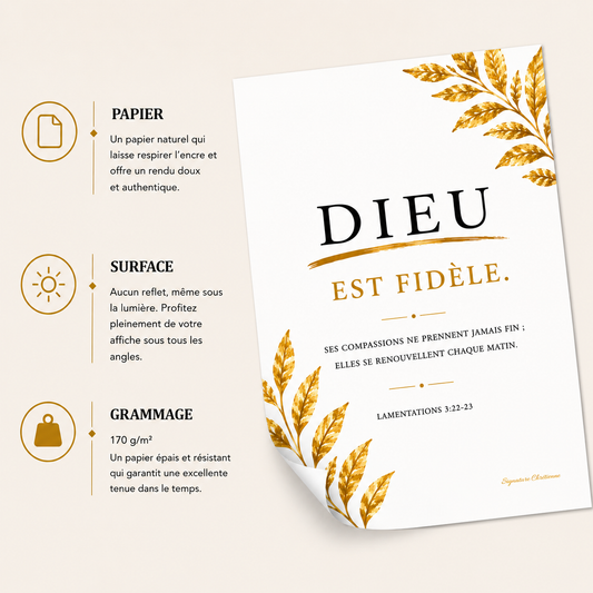 Affiche verset biblique « Dieu est fidèle » inspirée de Lamentations 3:22-23 avec présentation du papier mat premium, surface sans reflet et grammage 170 g/m²