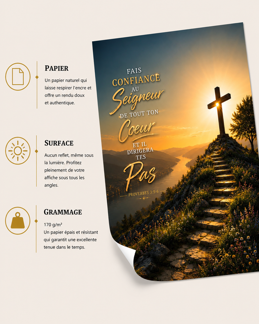 Affiche croix « Fais confiance au Seigneur de tout ton cœur » inspirée de Proverbes 3:5-6 avec croix lumineuse au sommet d’un sentier de montagne