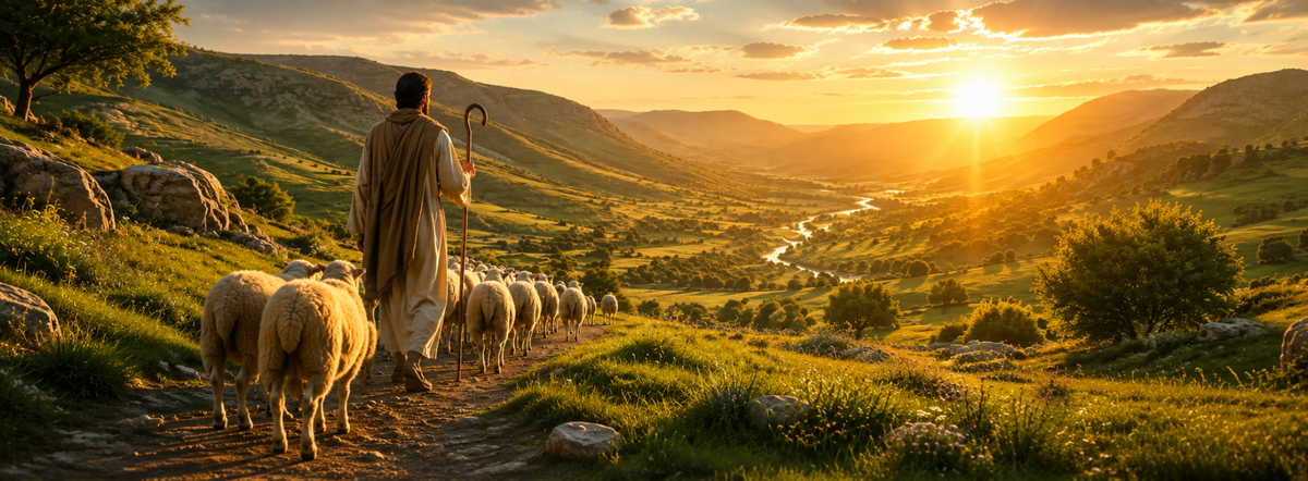 Berger guidant son troupeau dans une vallée verdoyante au coucher du soleil, illustrant l'image de Dieu comme le bon berger dans le Psaume 23.