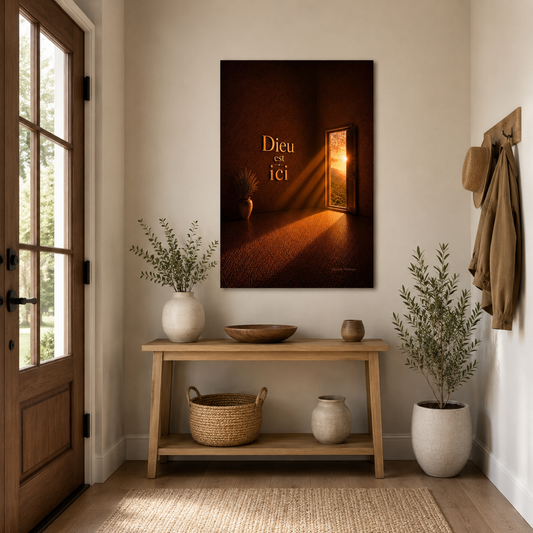 Affiche Dieu est ici a l'entrée d'une maison lumineuse