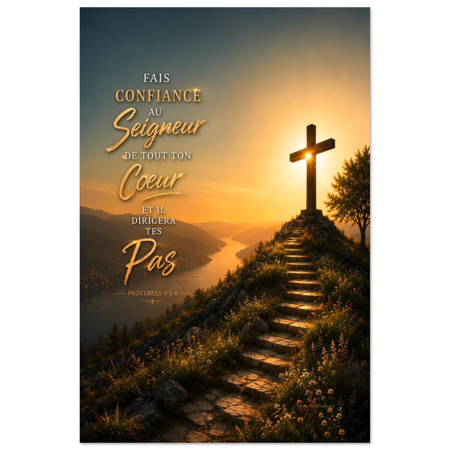 Affiche croix montrant une croix lors d'un coucher de soleil avec un verset