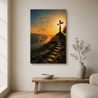 Grande affiche croix dans coin épuré du salon