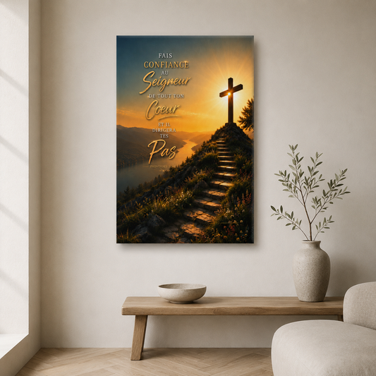 Grande affiche croix dans coin épuré du salon