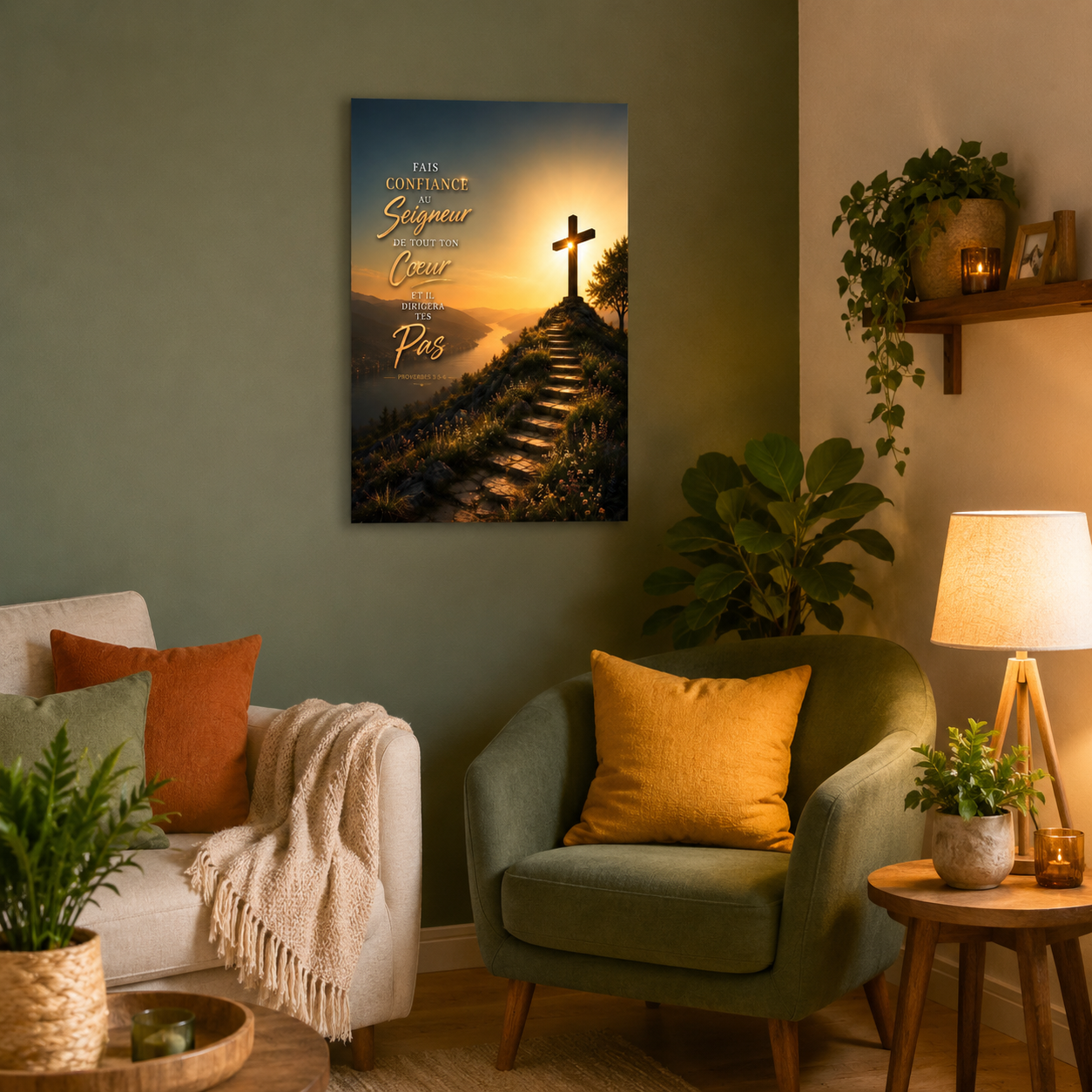 Affiche chrétienne croix dans salon coloré