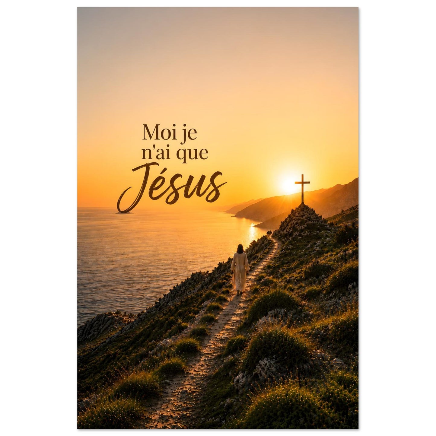 Affiche jesus montrant la silhouette de jesus marchant au coucher de soleil vers une croix