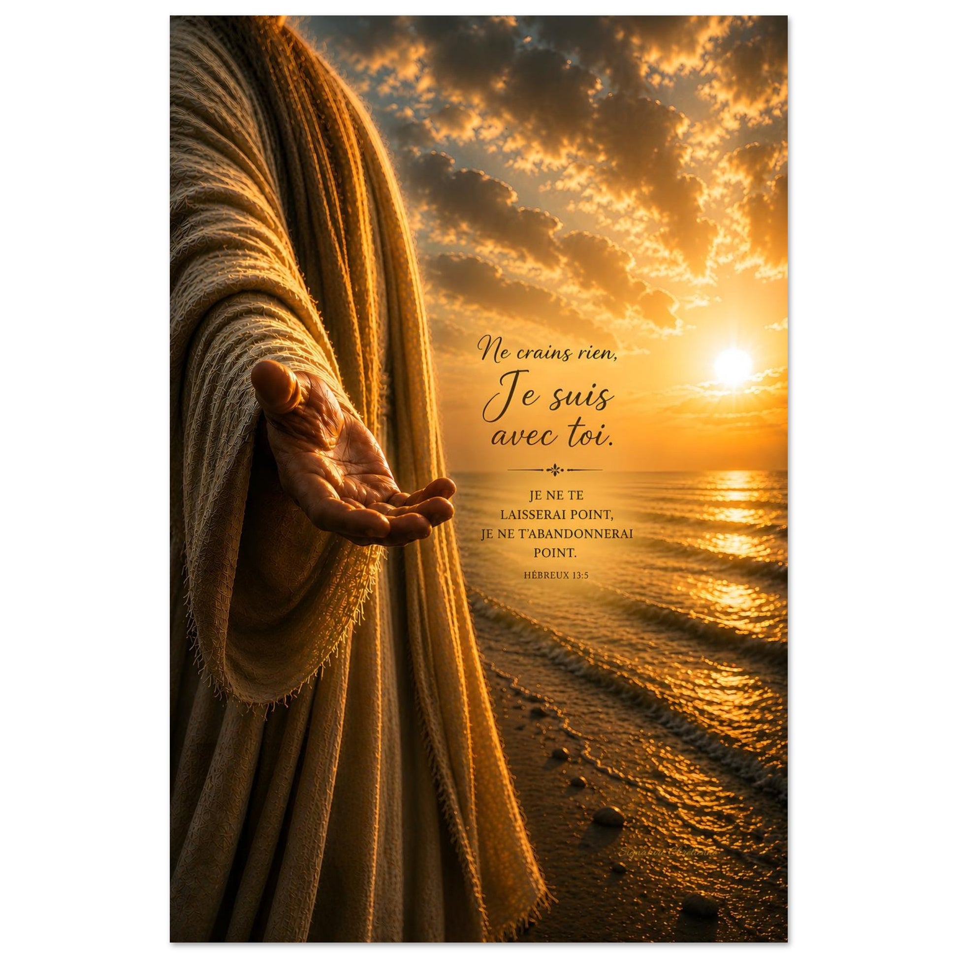 Affiche avec la main de jesus tendu avec un verset biblique