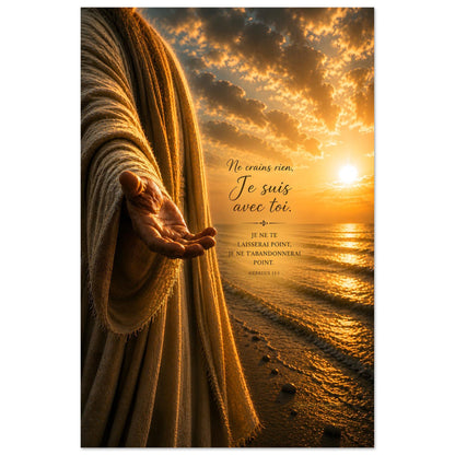 Affiche avec la main de jesus tendu avec un verset biblique