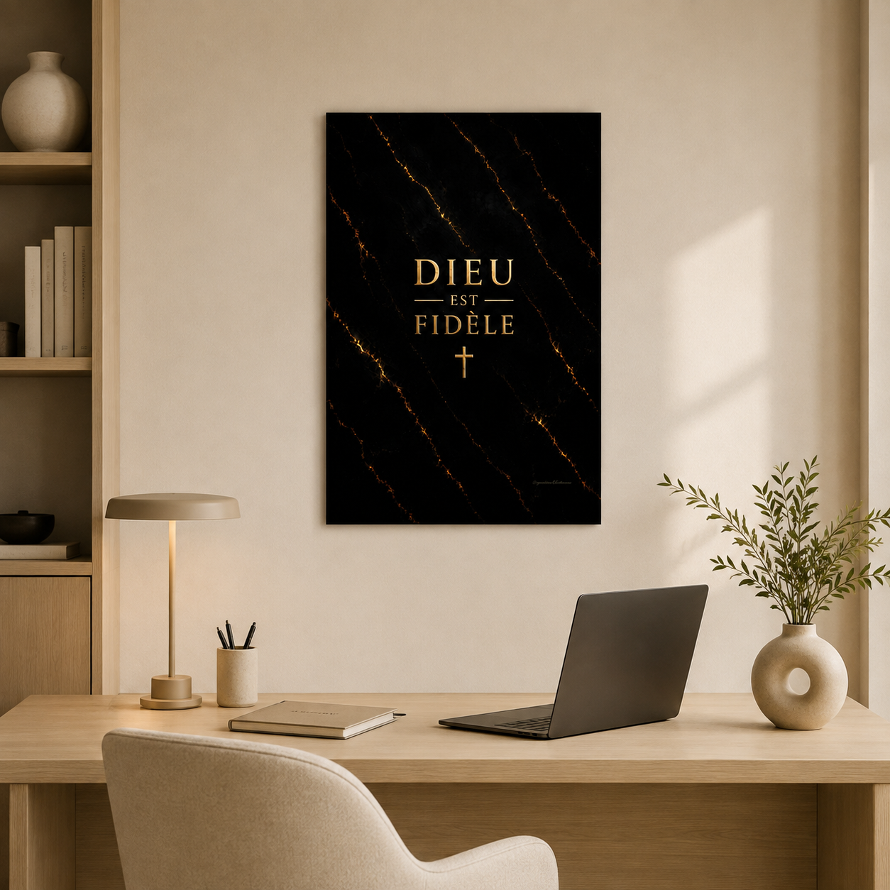Affiche marbre noir avec écriture doré dans un bureau lumineux