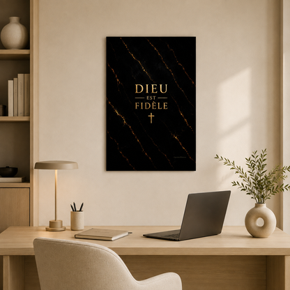 Affiche marbre noir avec écriture doré dans un bureau lumineux
