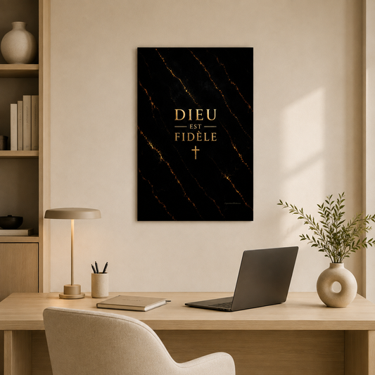 Affiche marbre noir avec écriture doré dans un bureau lumineux
