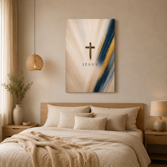 Affiche chrétienne religieuse dans chambre à coucher beige