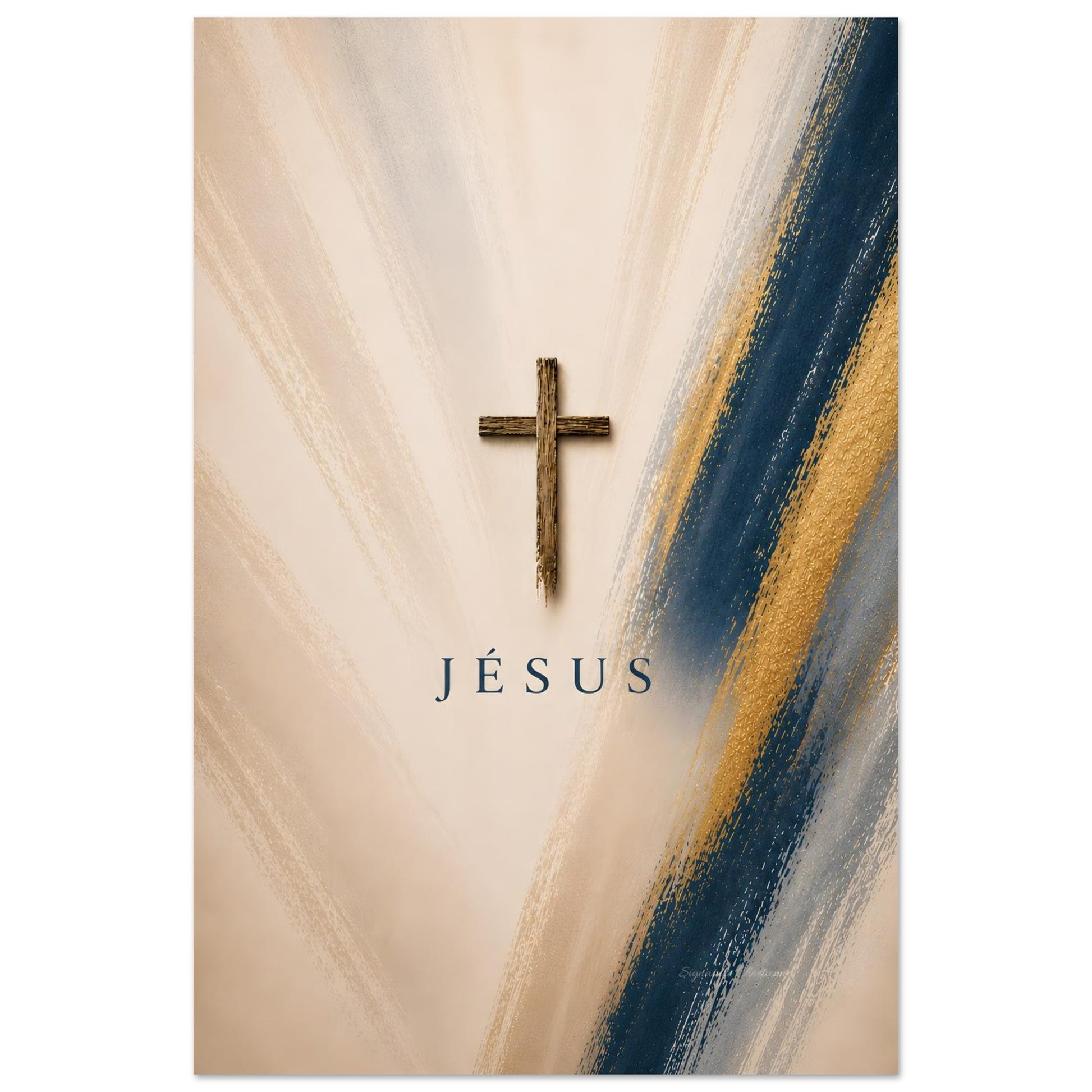 Affiche religieuse avec contraste de couleurs écrite jésus au centre avec une croix