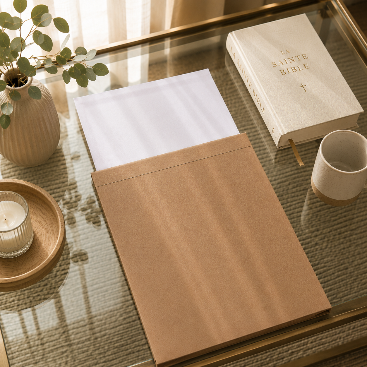 Emballage premium d'une affiche chrétienne Signature Chrétienne avec pochette de protection en papier mat, présenté sur une table avec une Sainte Bible.