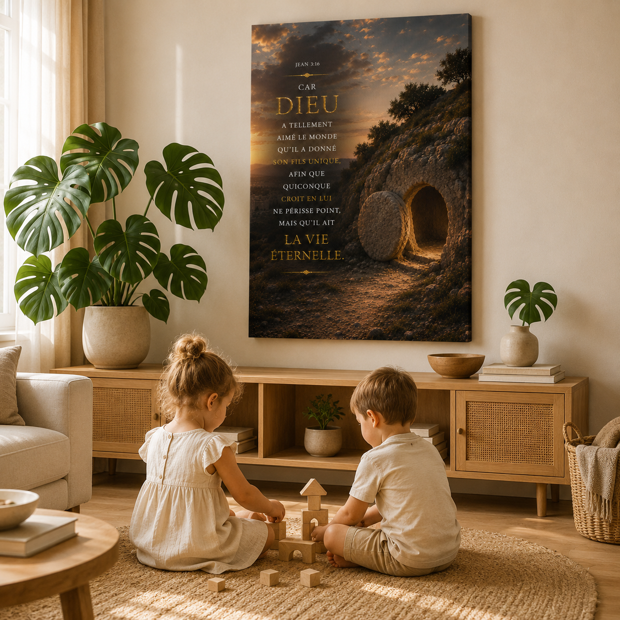 Tableau chrétien dans un salon cosy et élégant face à des enfants qui jouent