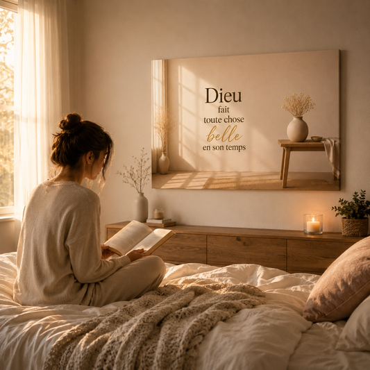Femme admirant un tableau chrétien minimaliste dans une chambre moderne et apaisante