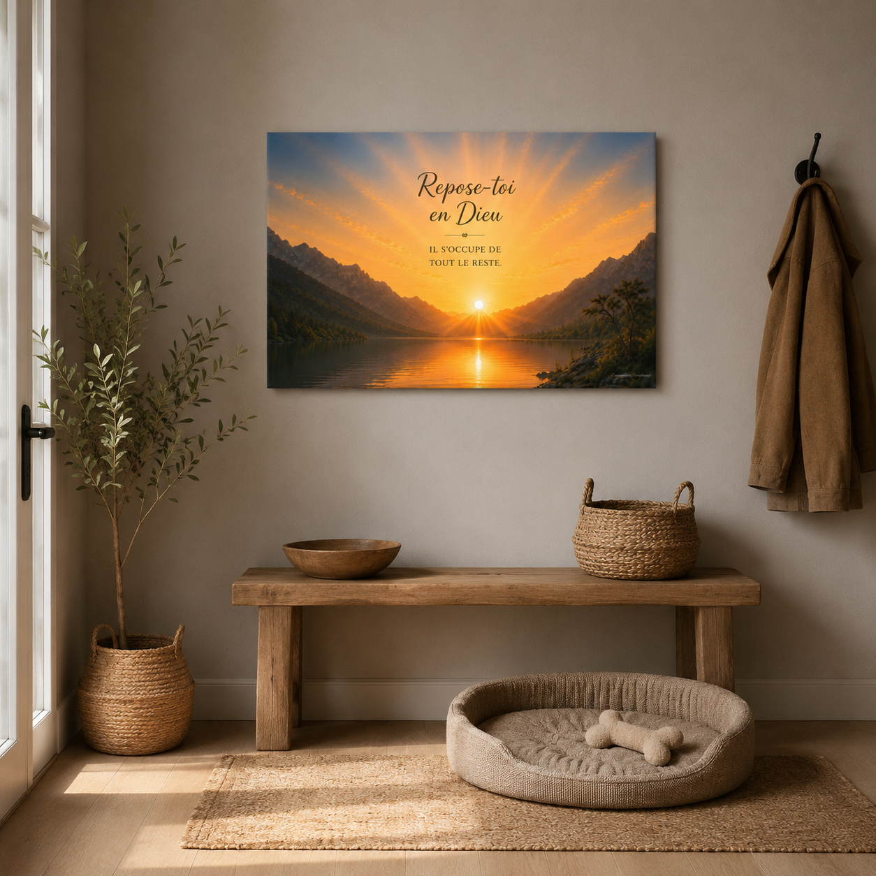 Tableau contemporain chrétien dans une entrée moderne avec décoration murale inspirante