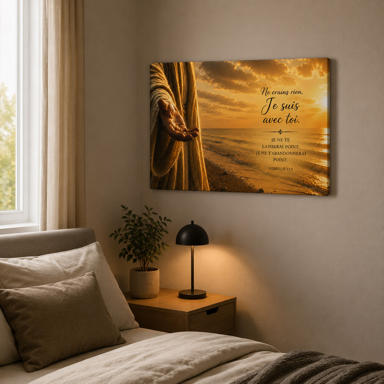 Tableau chrétien Main de Dieu dans une chambre moderne avec verset biblique inspirant