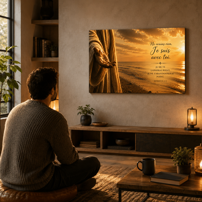 Homme admirant un tableau chrétien avec le verset Hébreux 13:5 dans un salon moderne et apaisant