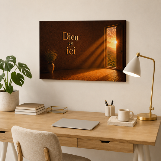 Tableau Dieu en face d'un bureau beige dans une pièce moderne et lumineuse