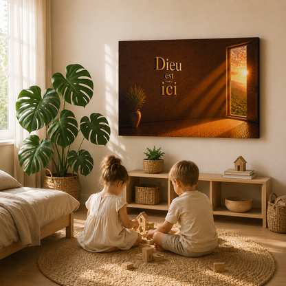 Tableau chrétien Dieu est ici dans salon moderne face aux enfants qui jouent