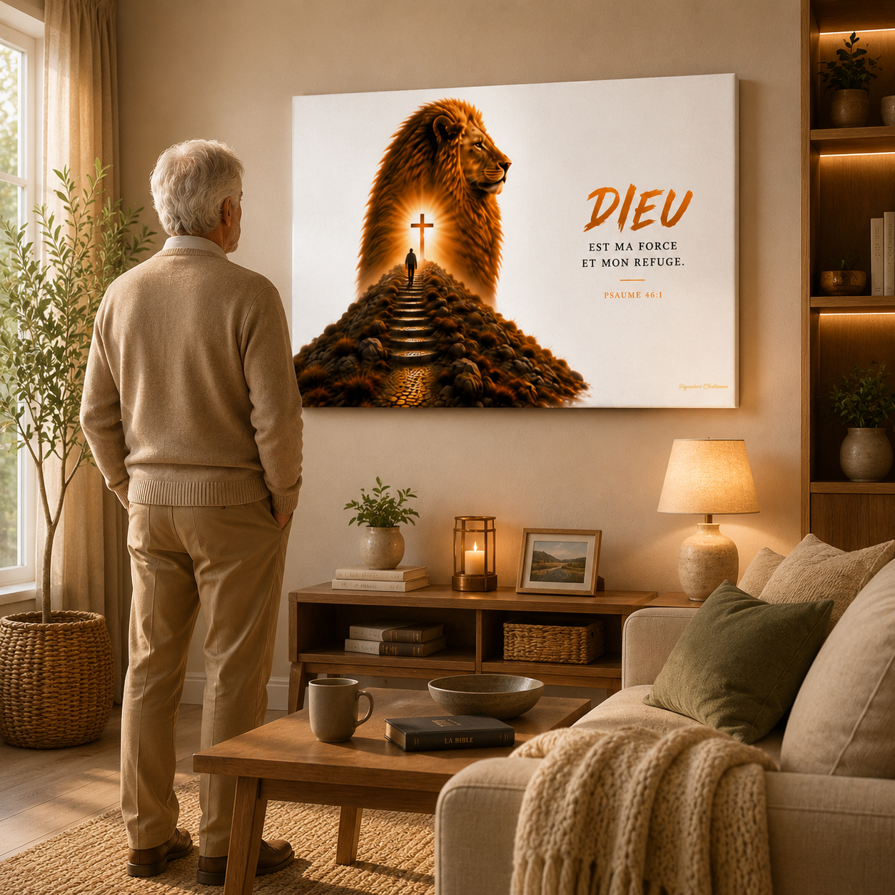 Homme admirant le tableau lion dans son intérieur