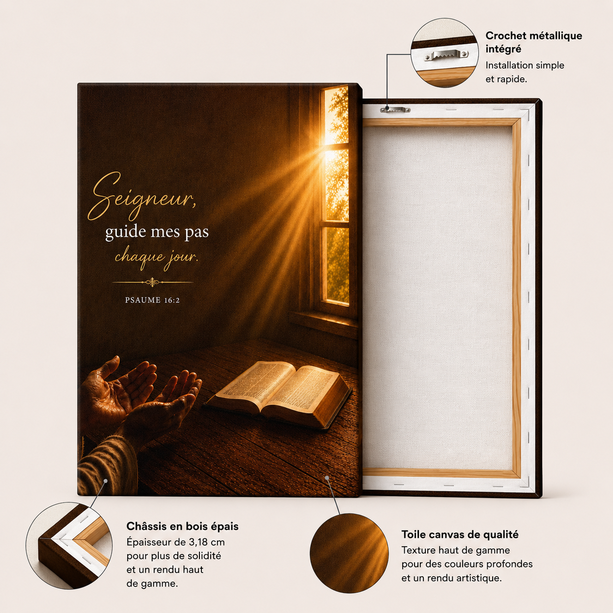 Détails d'un tableau bible avec toile canvas premium, châssis en bois épais et crochet métallique intégré
