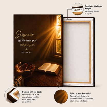 Détails d'un tableau bible avec toile canvas premium, châssis en bois épais et crochet métallique intégré
