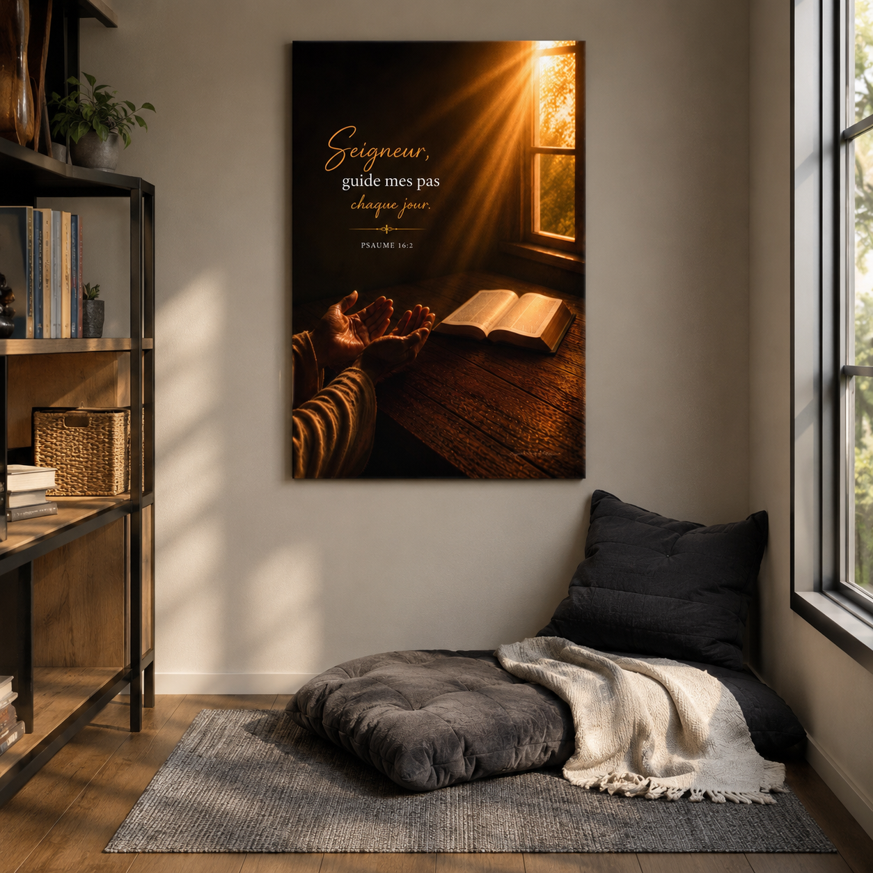 Tableau bible dans un coin prière avec verset biblique inspirant