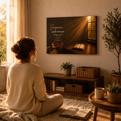 Femme contemplant le tableau bible chrétien inspiré des Écritures