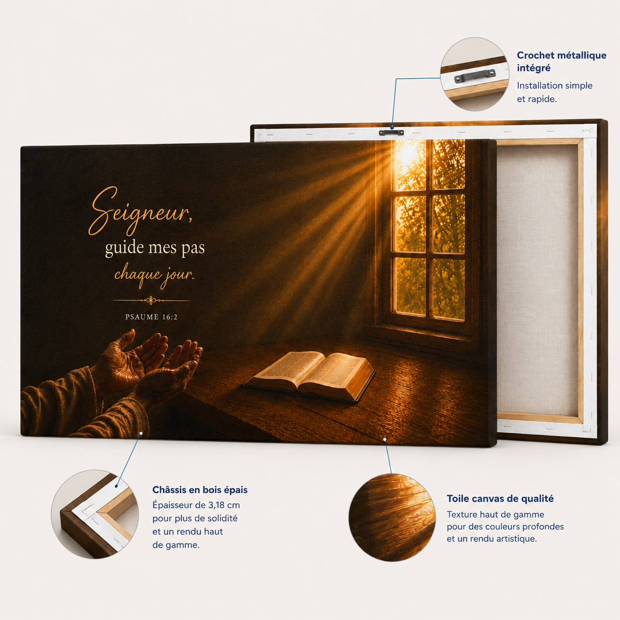Détails d'un tableau bible horizontal avec toile canvas premium, châssis en bois épais et crochet métallique intégré