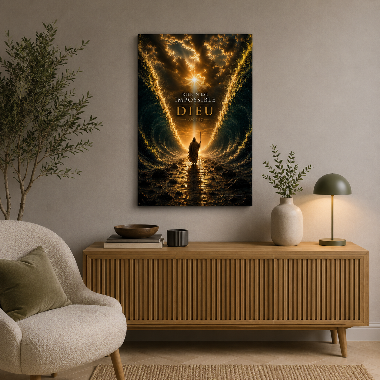 Tableau chrétien posé dans un coin d'un salon moderne