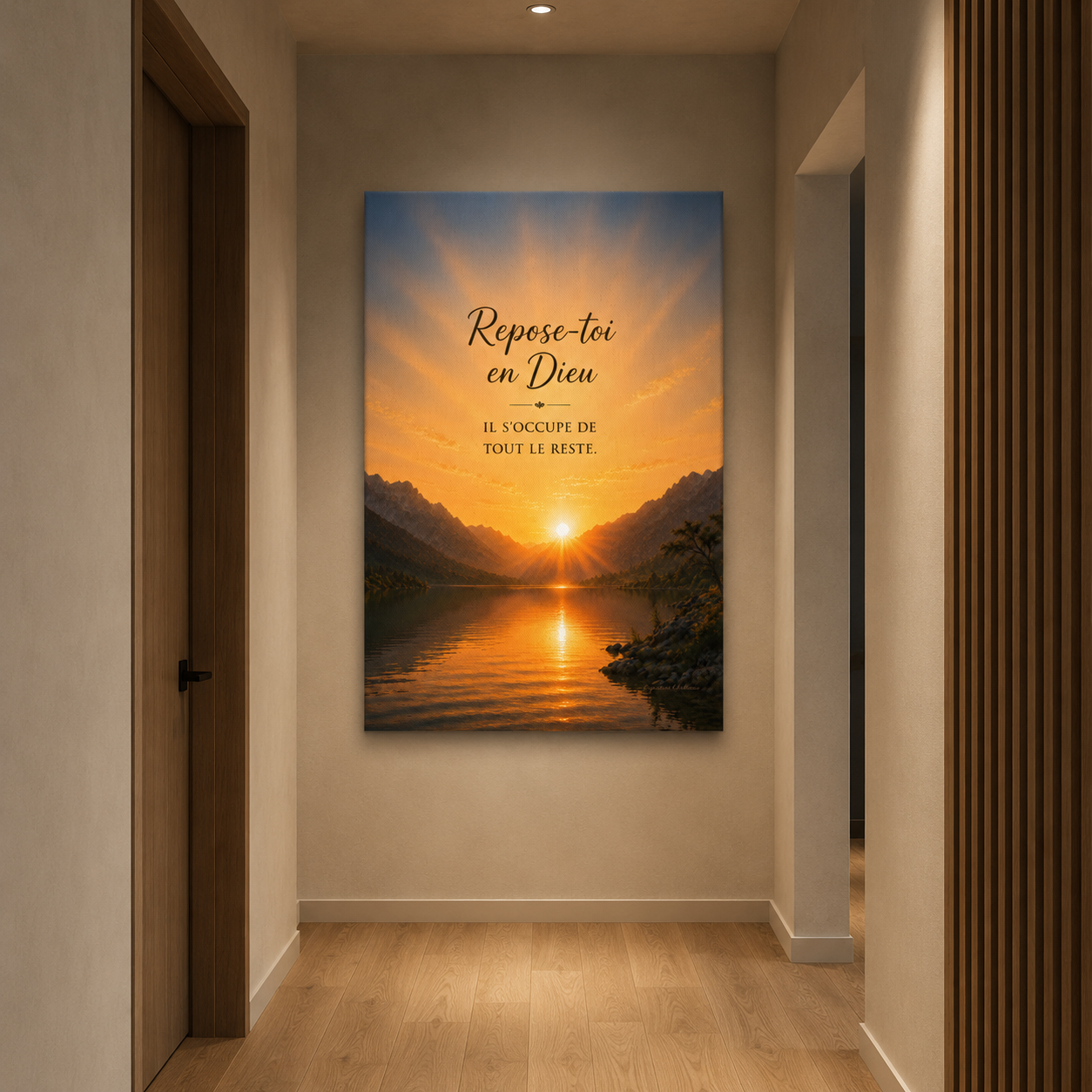 Tableau contemporain vertical dans un couloir avec décoration murale élégante