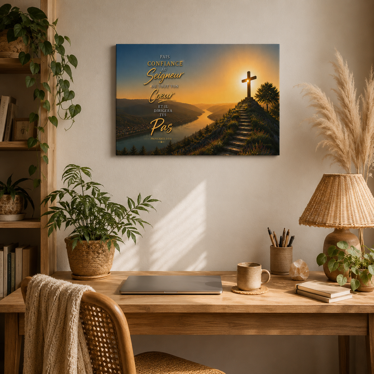 Tableau croix dans coin bureau lumineux