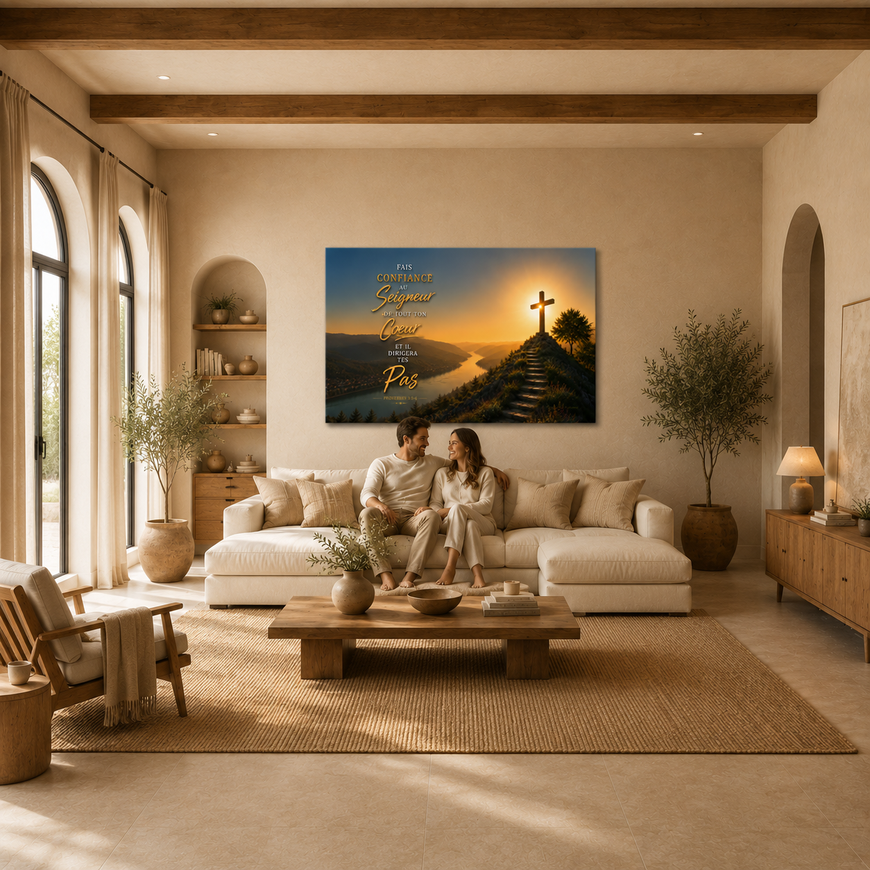 Tableau croix au mur dans salon chrétien derrière un couple sur un canapé