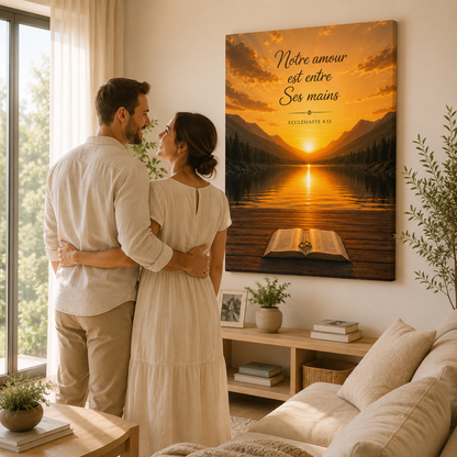 Couple admirant un tableau chrétien dans son intérieur