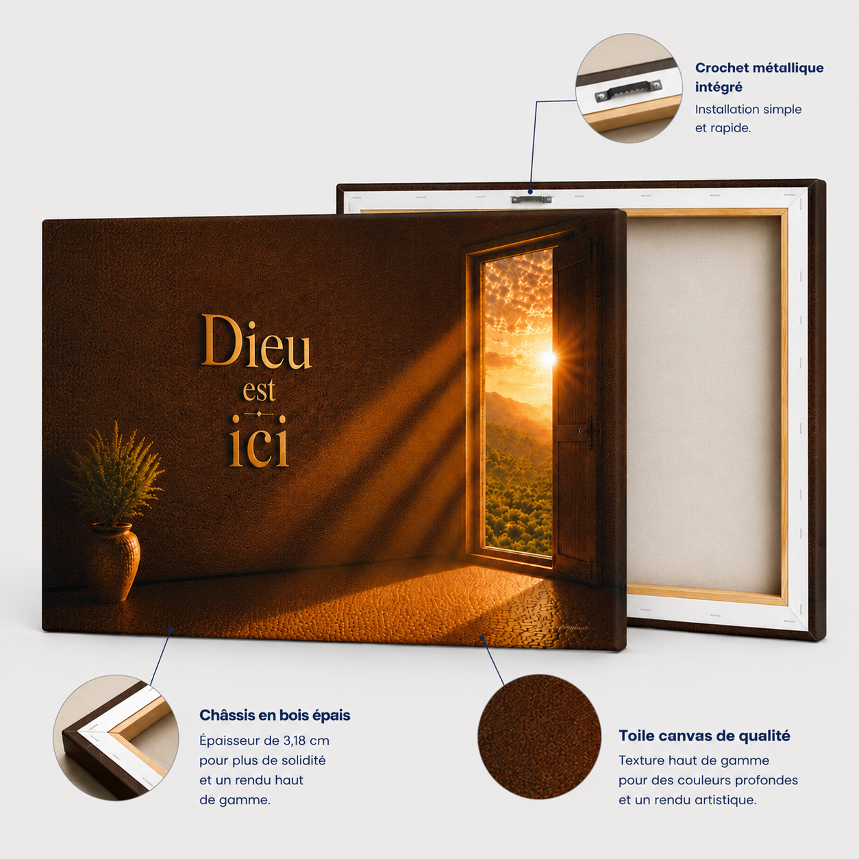 Détails d'un tableau dieu avec toile canvas premium, châssis en bois épais et crochet métallique intégré