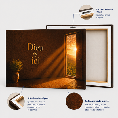 Détails d'un tableau dieu avec toile canvas premium, châssis en bois épais et crochet métallique intégré