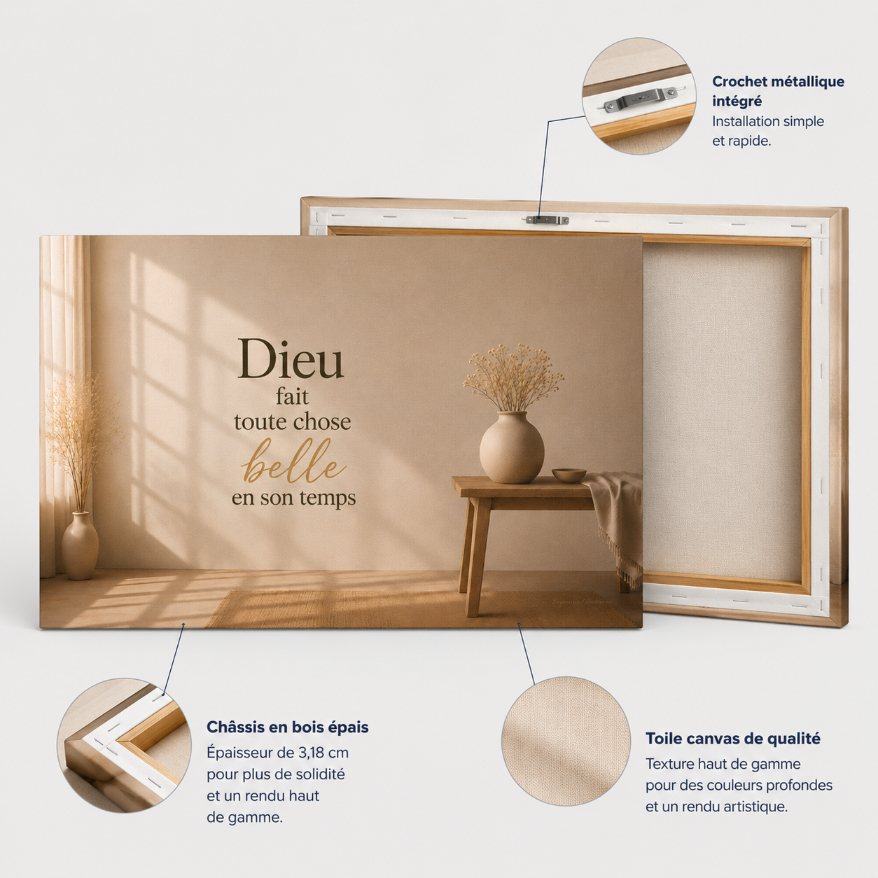 Détails d'un tableau minimaliste avec toile canvas premium, châssis en bois épais et crochet métallique intégré