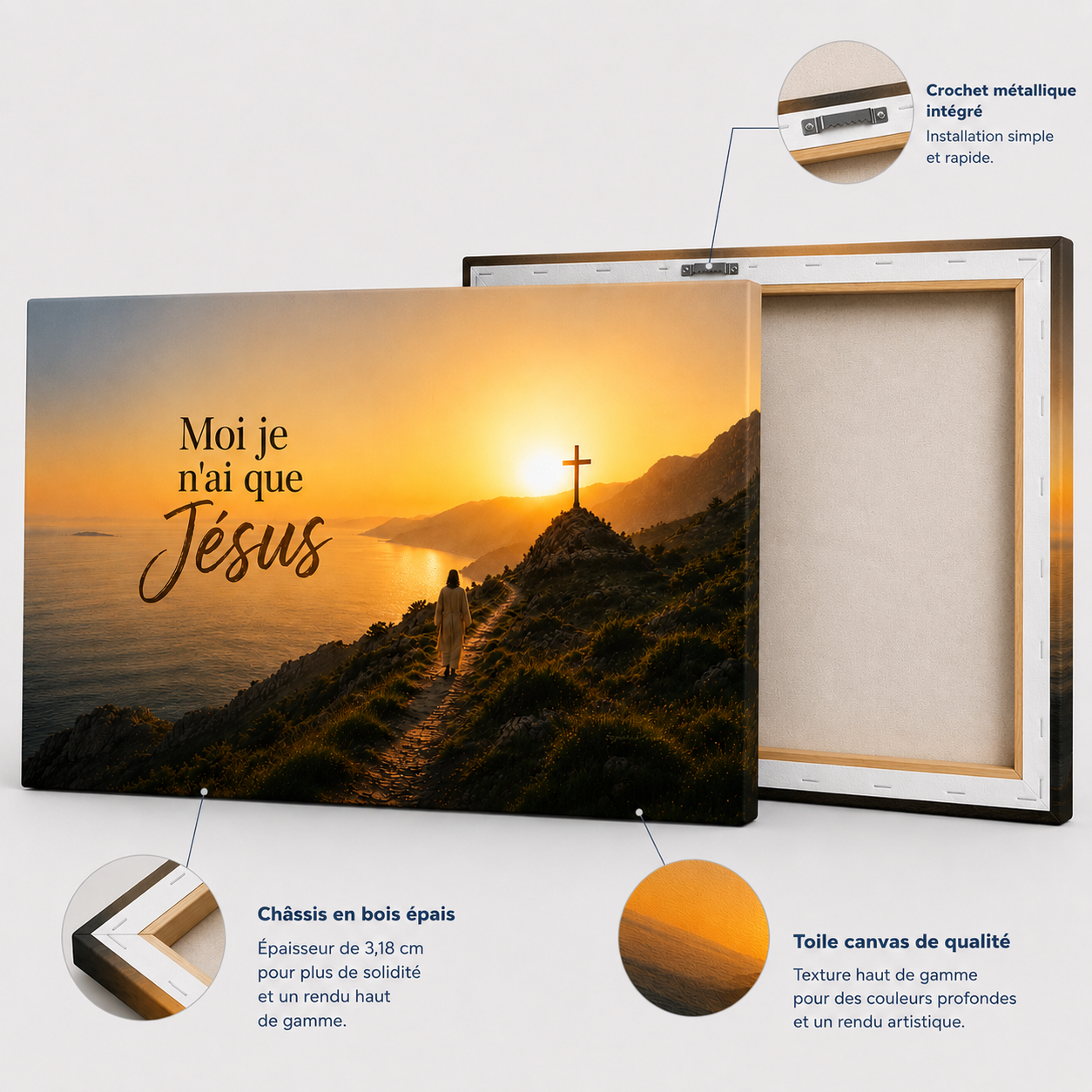 Détails d'un tableau jesus avec toile canvas premium, châssis en bois épais et crochet métallique intégré