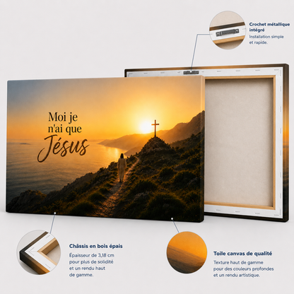 Détails d'un tableau jesus avec toile canvas premium, châssis en bois épais et crochet métallique intégré