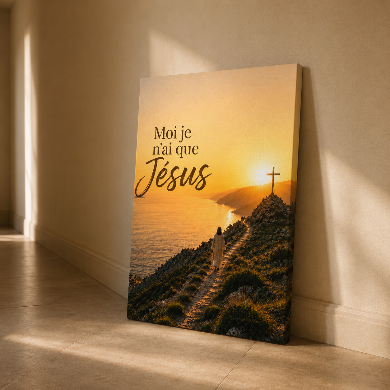 Tableau jesus posé contre un mur dans un intérieur moderne