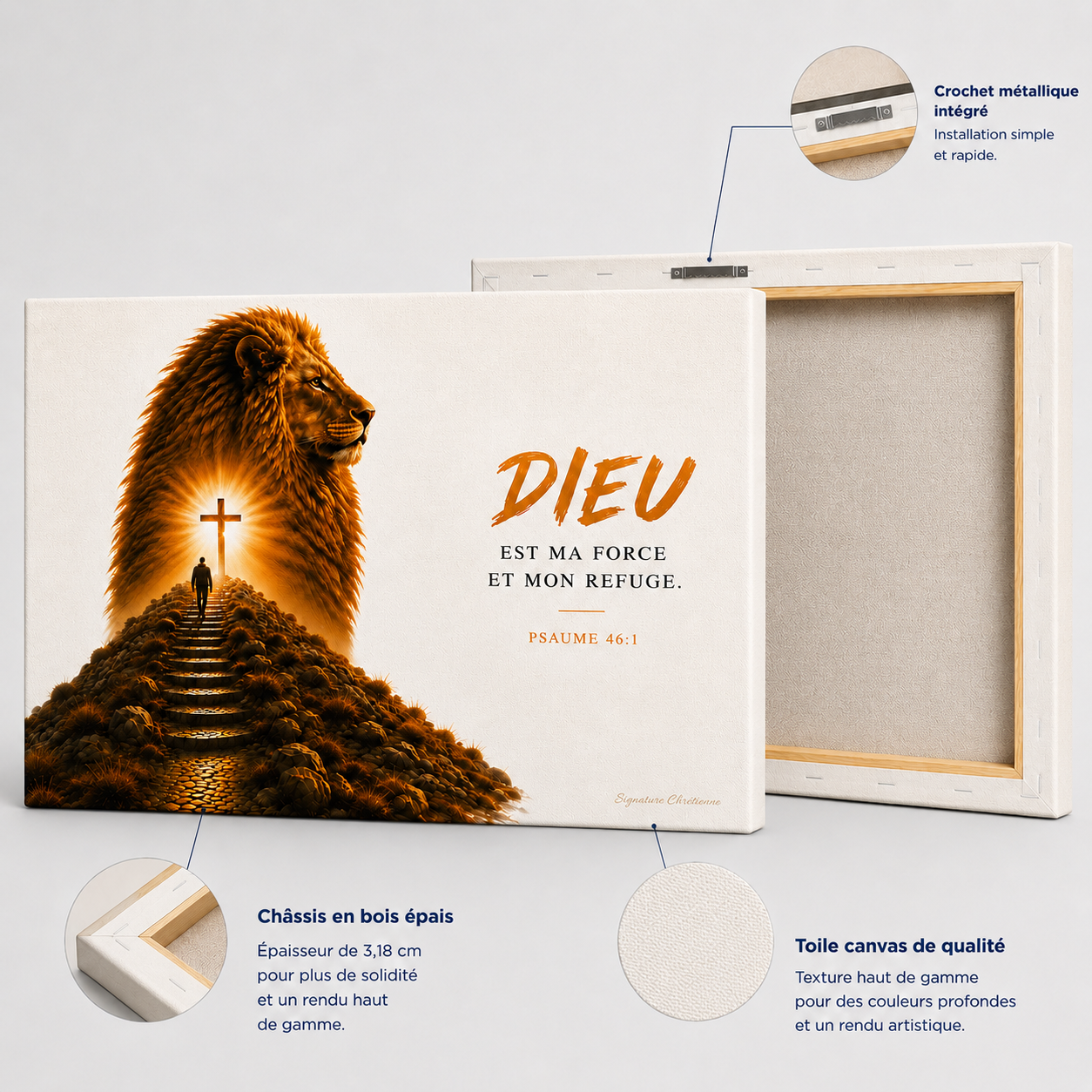 Détails du tableau lion avec toile canvas premium, châssis en bois épais et crochet métallique intégré