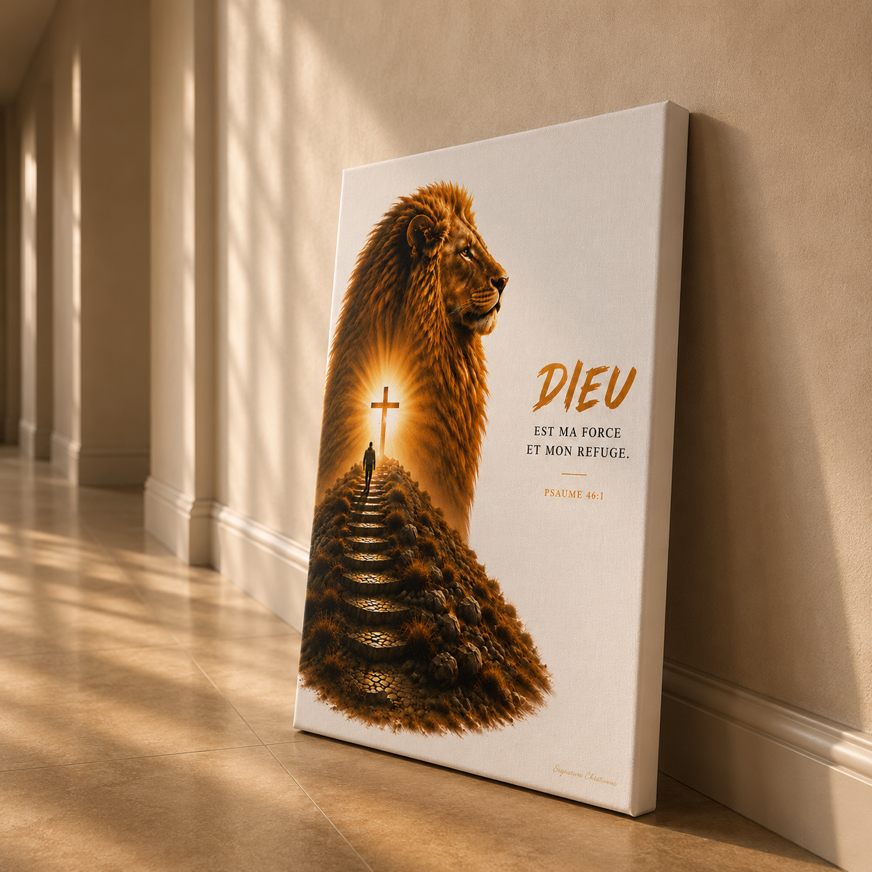 Tableau lion posé contre un mur dans un couloir moderne