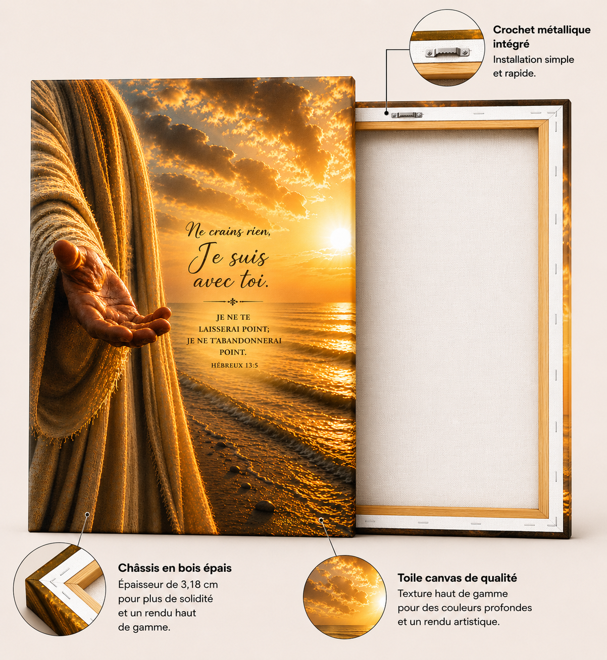 Détails d'un tableau main de dieu avec toile canvas premium, châssis en bois épais et crochet métallique intégré