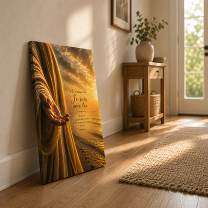 Tableau main de dieu posé contre un mur en intérieur