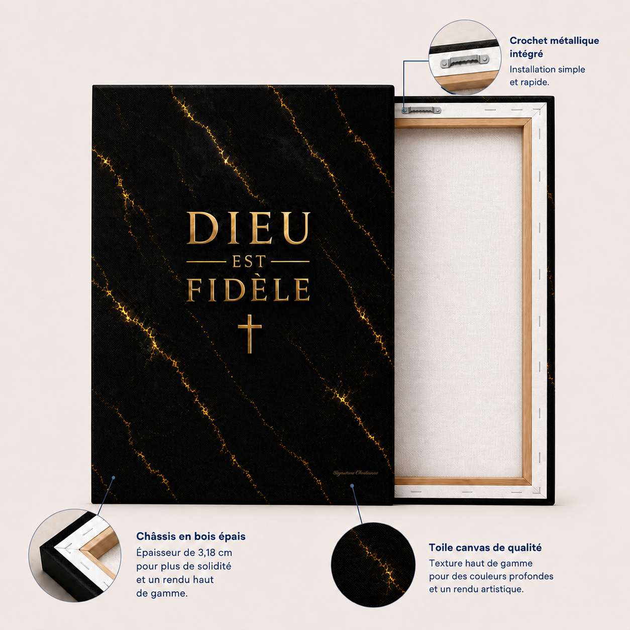 Détails d'un tableau marbre avec toile canvas premium, châssis en bois épais et crochet métallique intégré